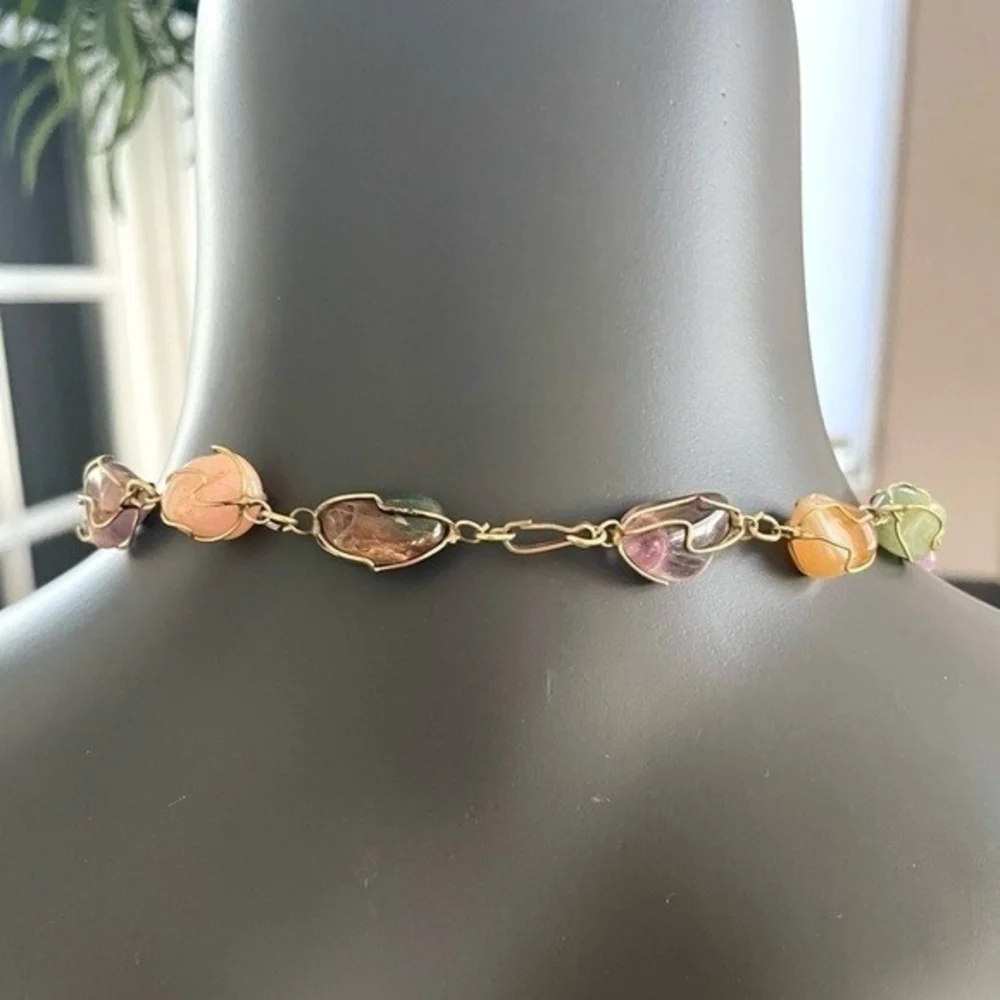 Vintage Gold Tone Wire Caged Multi Gemstone Statement Necklace 30.5